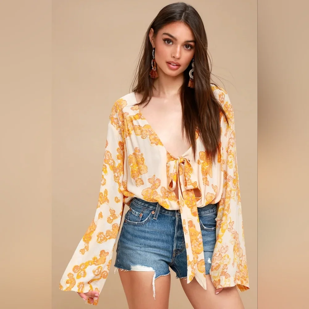 Free People Forties Feels Yellow Floral Print Tie-Front‎ Bodysuit